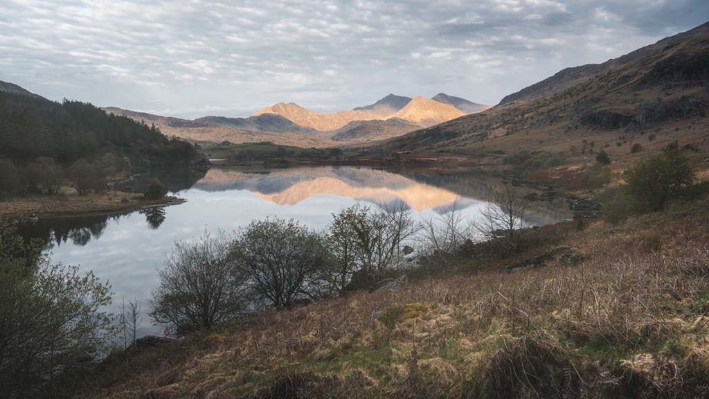 Still lake with cloud and mountain in the background and reflections in the lake. Taken at sunrise so the sky is soft blue colours and there are small bushes in the foreground. 