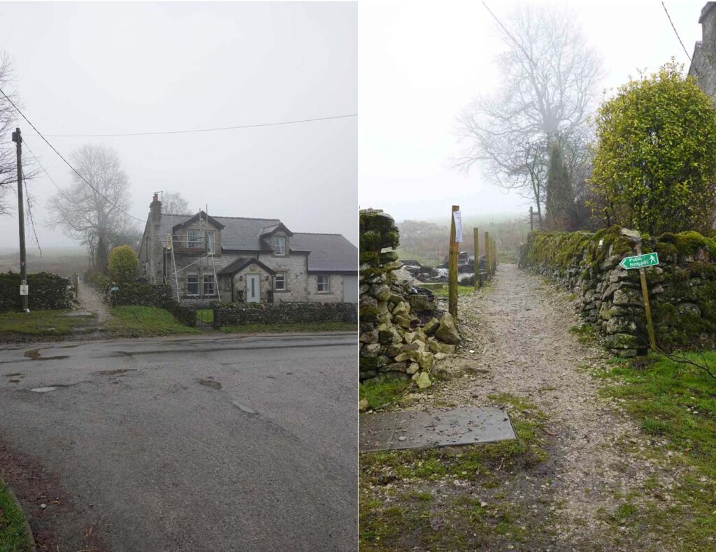 Roadside path beside a stone house leading onto a public footpath between dry stone walls.