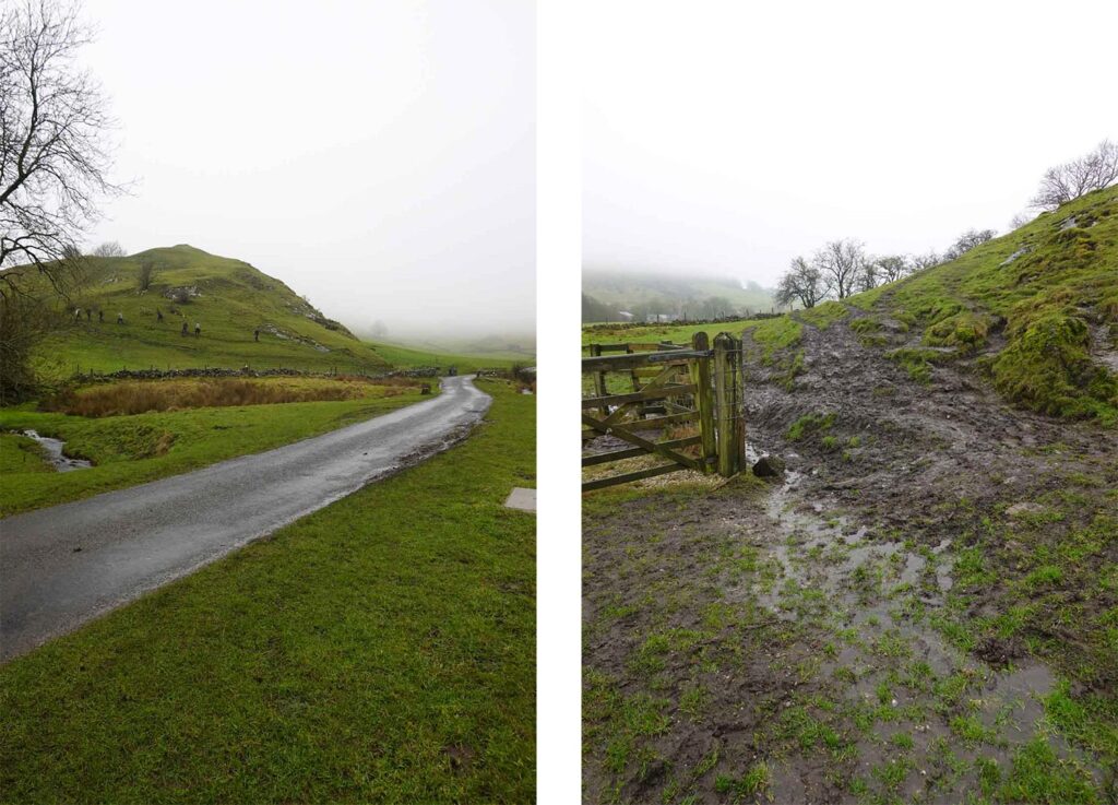Country lane leading into open fields and a muddy gate marking the start of the uphill path across the Peak District.