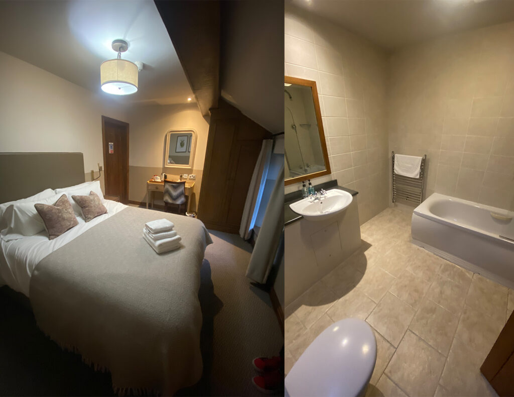 Comfortable guest room with double bed and en-suite bathroom at Ye Olde Cheshire Cheese Inn, Longnor.