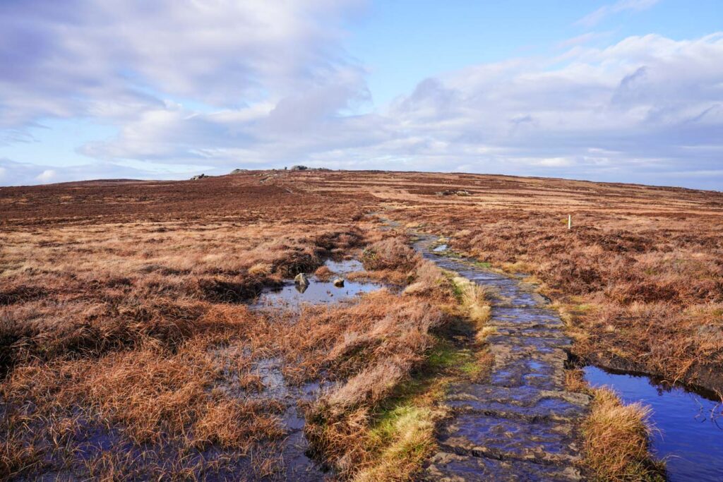A stone paved path crosses wet moorland dotted with pools of water along Derwent Edge. Brown grasses and heather stretch across the open Peak District landscape beneath a bright cloudy sky.
